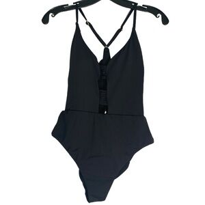 NWOT Ambrielle Swimsuit Black High‎ Cut One Piece Racerback Slits In Front Small